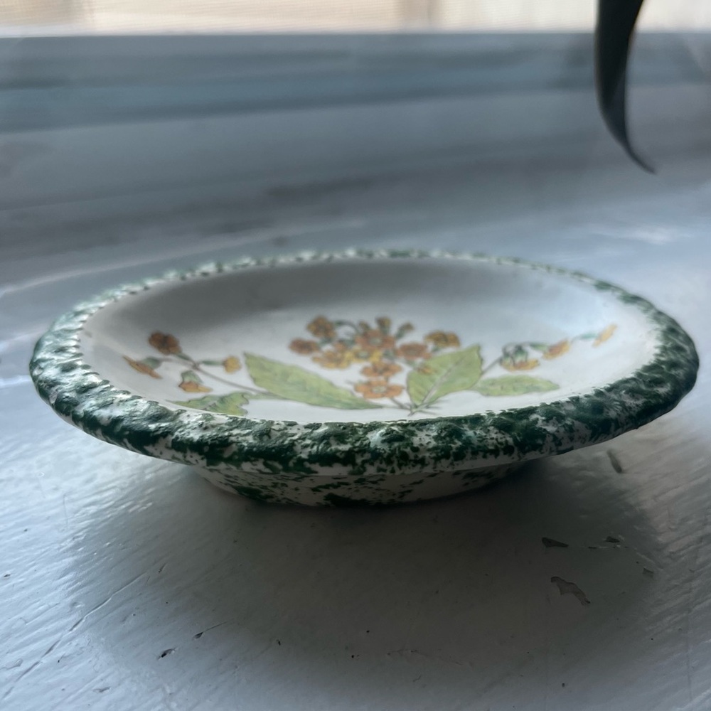 Vintage Wild Botanical Flower White Green Speckled Ceramic Decorative Dish - Picture 3 of 3